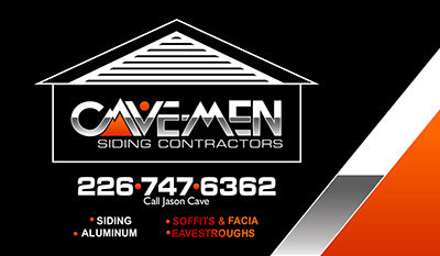 Cave-Men Siding Contractors contact phone 226-747-6362 with logo image of house and dark background with orange accent