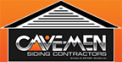 Logo with text cave men siding contractors with house image and orange background.